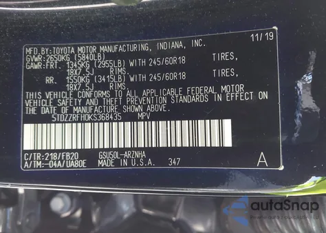 2019 Toyota Highlander Le из США, поврежденный, VIN 5TDZZRFH0KS368435